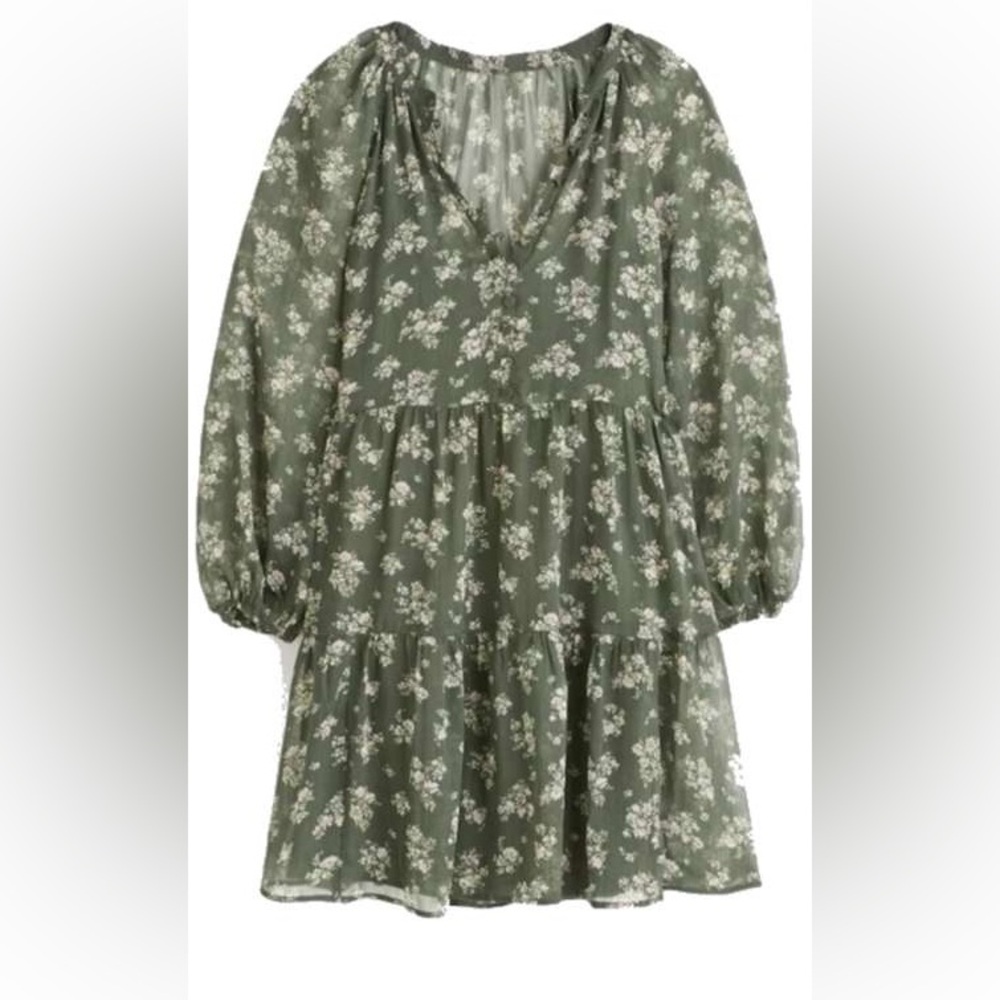 Abercrombie & Fitch Green Floral Long Sleeve Tiered Mini Dress